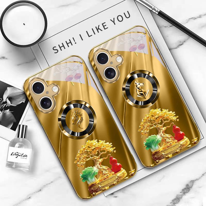 Horse Head Treasure Tree For iPhone 16E 15 Pro 14 13 Plus 12 mini 11 15Pro 14Max 13Plus XR Xs 16 Pro Max Golden glass phone case