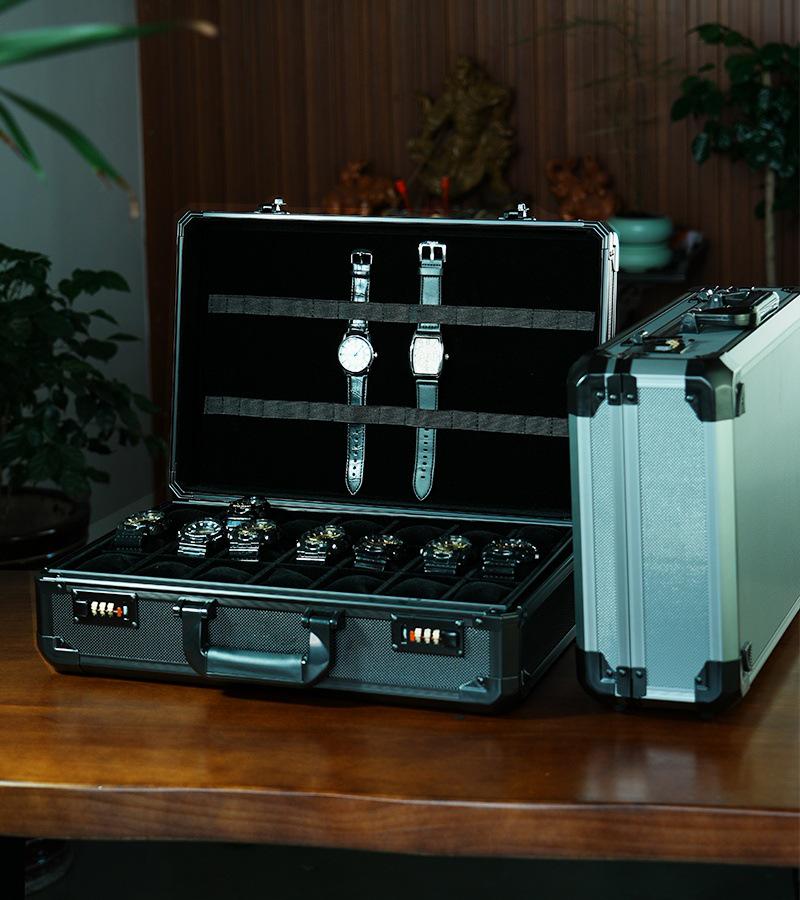 Aluminum Alloy Watch Storage Box with Movable Dividers - Black Display Case
