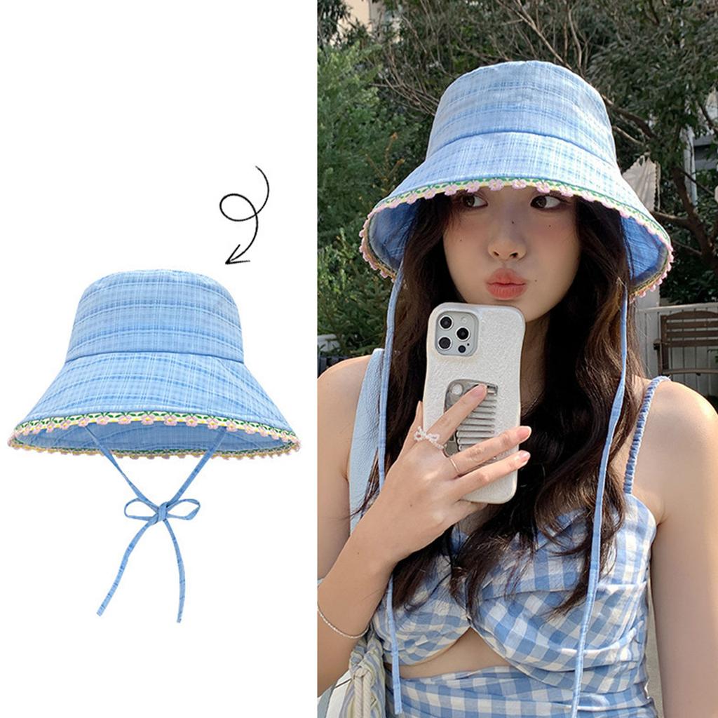 Sweet Lace Flower Fisherman Hat for Women Spring Summer Solid Color Wide Brim Sunshade Lace-Up Basin Cap Korean Girl Outdoor Hat