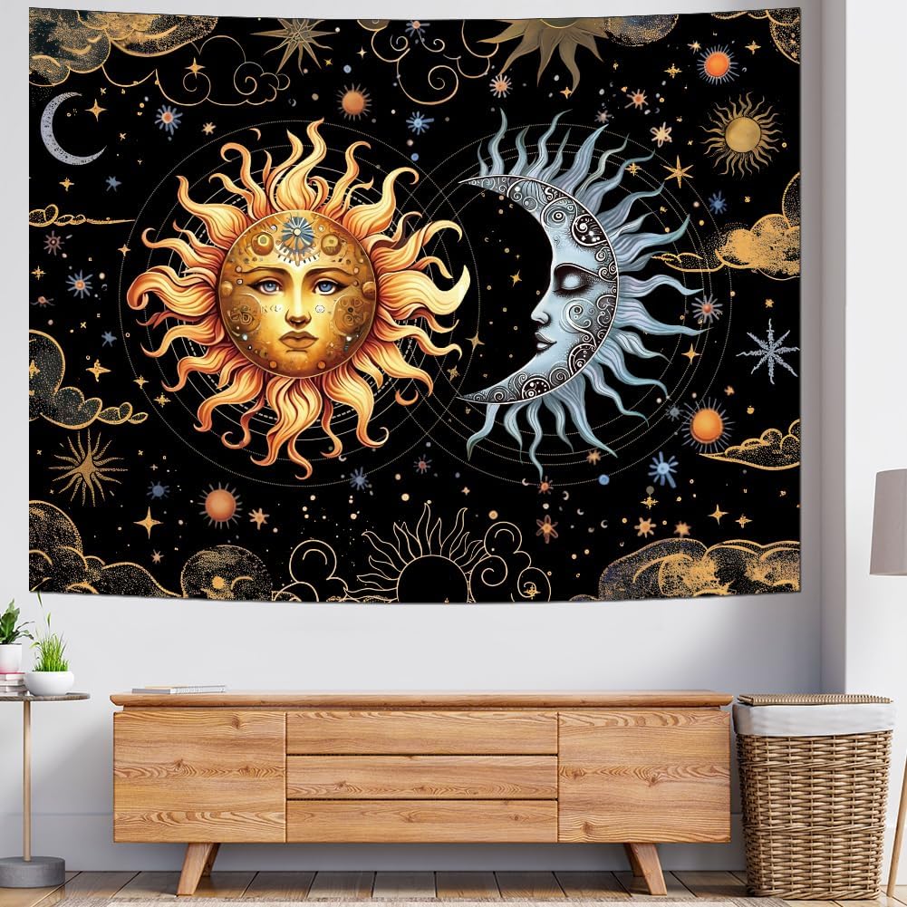 Racunbula Sun and Moon Tapestry Boho Black Golden Tapestries Aesthetic Vintage Moon Stars Cloud Wall Tapestry Spiritual Tapestri