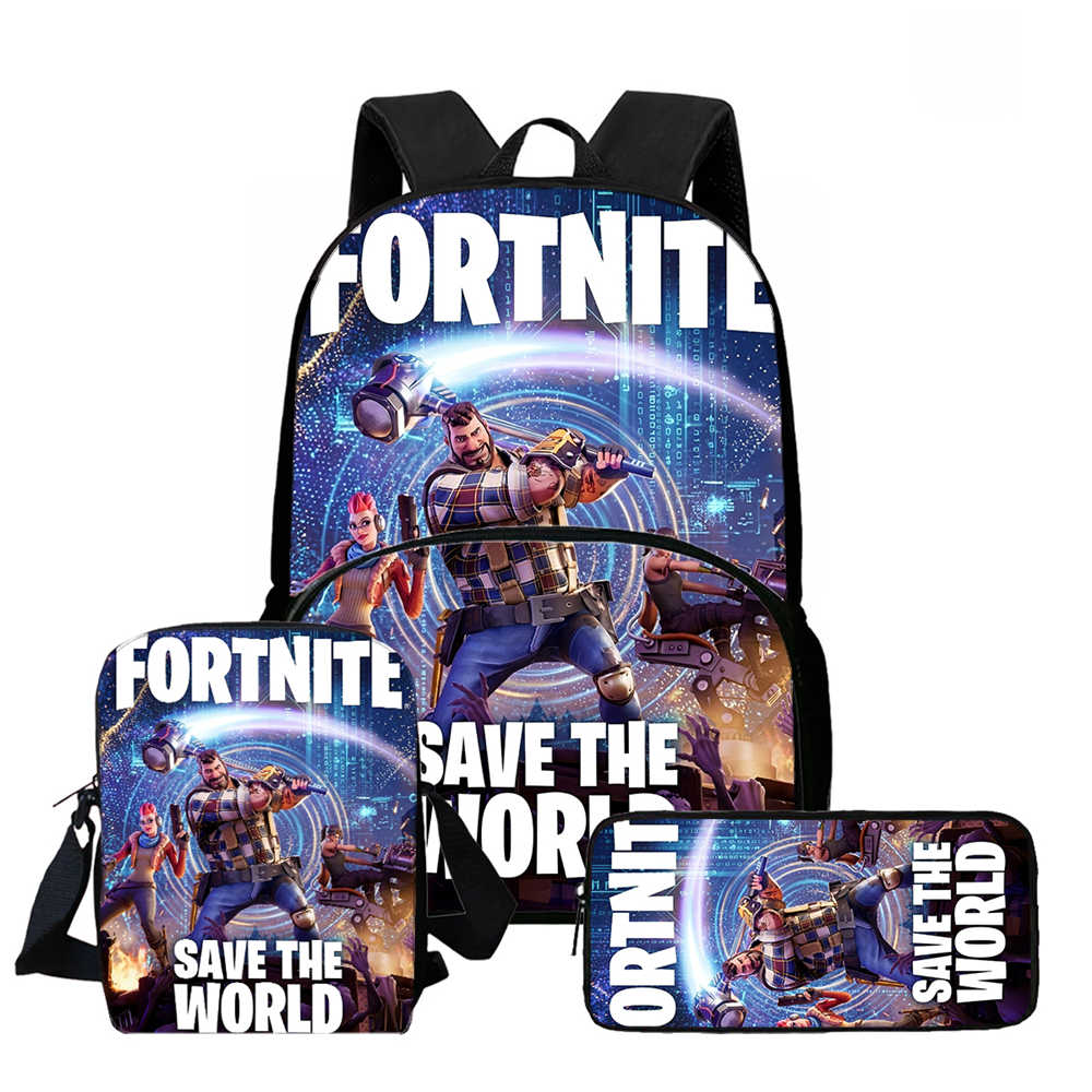 3Pcs Set School Backpack With Front Pocket & Crossbody Bag & Pencil Bag,Cartoon Fortnite For Age 6-10,Lightweight For Boys Girls