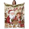 1pc Santa'S Christmas Baking Flannel Blanket - Soft & Warm 280gsm All-Season Cozy Throw with Cartoon Santa & Girl Baking Scene, Snowflakes & Gingerbre