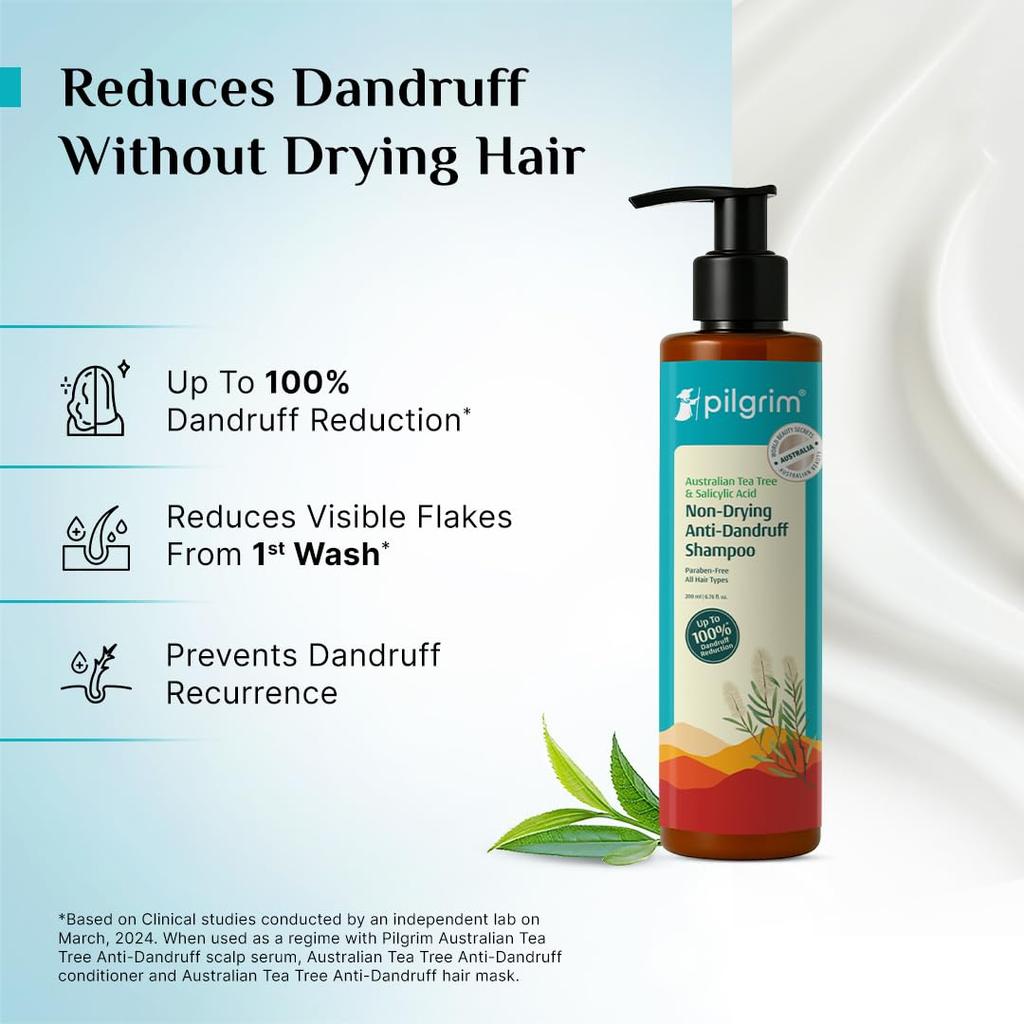 Pilgrim Australian Tea Tree Non-Drying Anti-Dandruff Shampoo 200 Ml X Pack of 2 for Smooth, Strong Hair