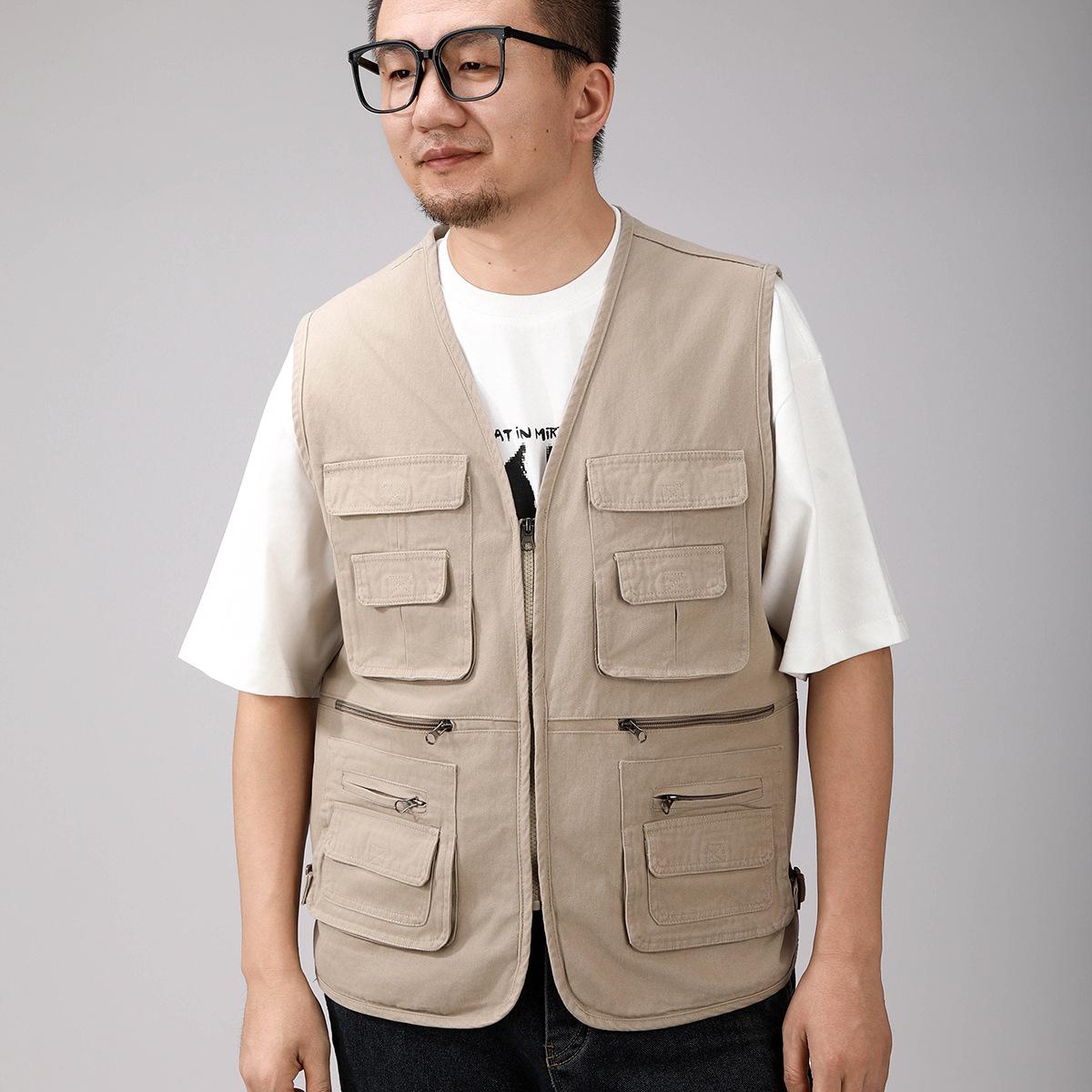 

Men s Multi-Pocket Khaki Cotton Vest - Sleeveless, Functional Workwear for Spring/Autumn L (90-105 jin)