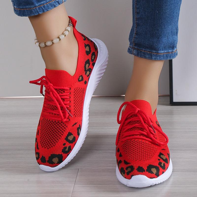 Women's shoes spring new leopard print fly-woven flat-bottom mesh casual sports single shoes women