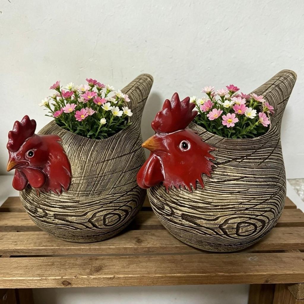 Wood-Look Chicken Planter | Ornament, Handmade, Garden Statue, for