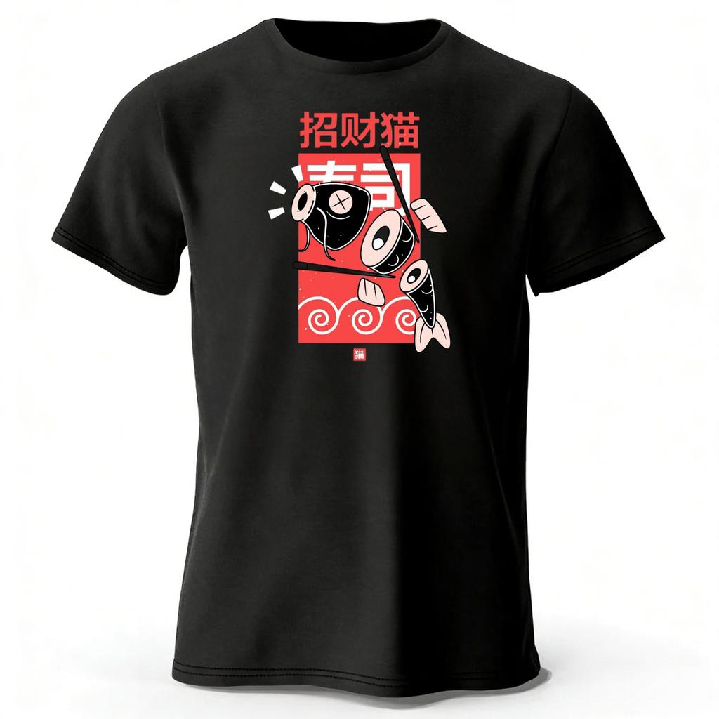 Summer New Japanese Cat Style Trendy Casual Printed Pure Cotton Tshirt for Men Loose Oversized Breathable Oneck Short Sleeved