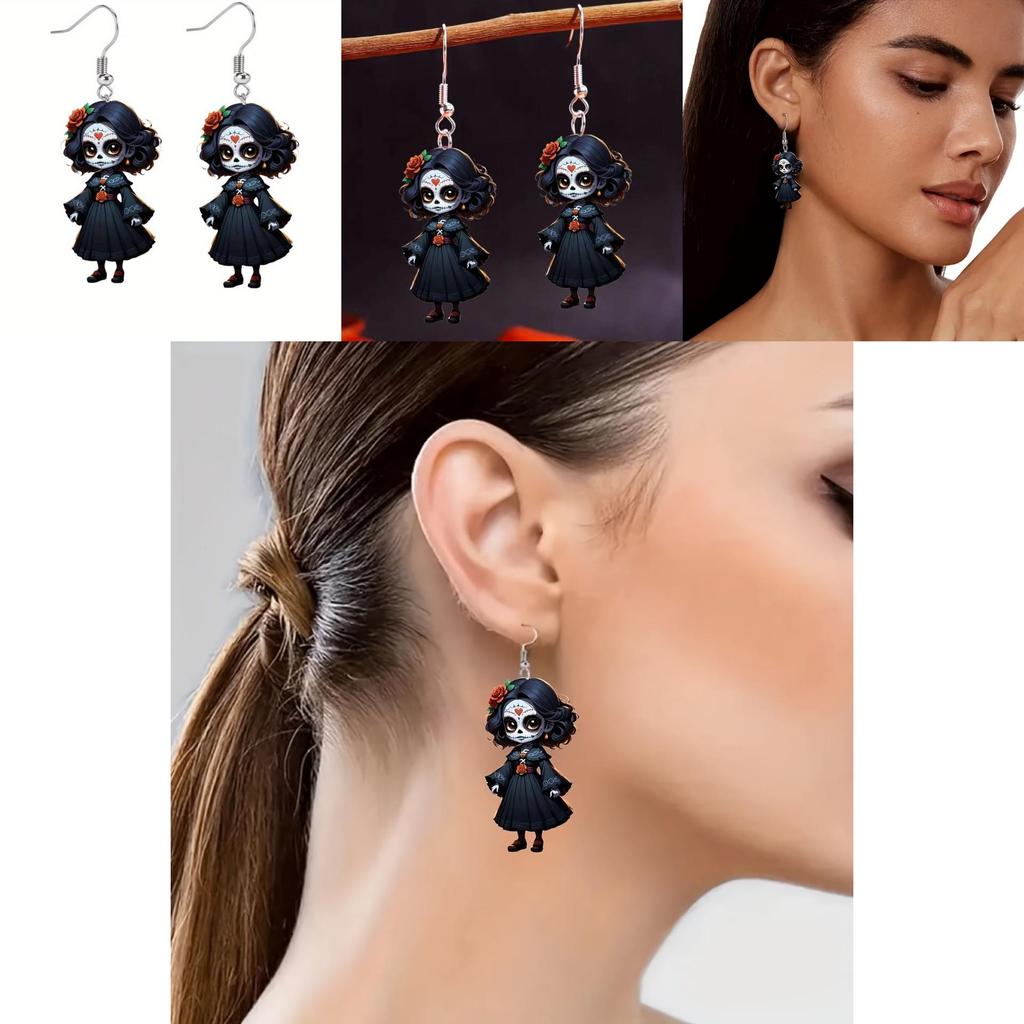 Black Halloween Themed Skull Rose Girl Four Pattern Women Earrings Acrylic