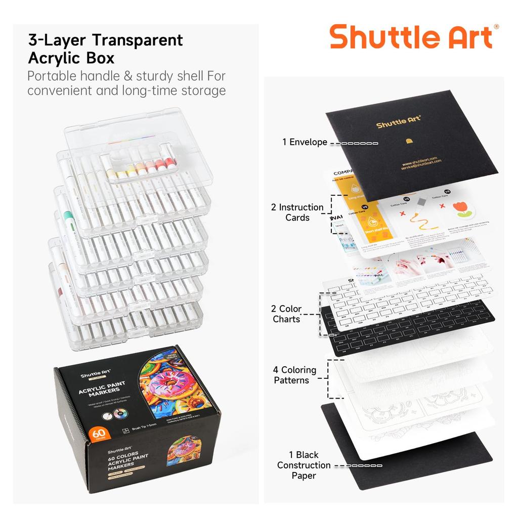Shuttle Art Acrylic Brush Acrylic Paints for and Includes Storage Perfect for Handmade DIY and Art A Great Markers, 60-Color Set, Direct-Fill Tip,