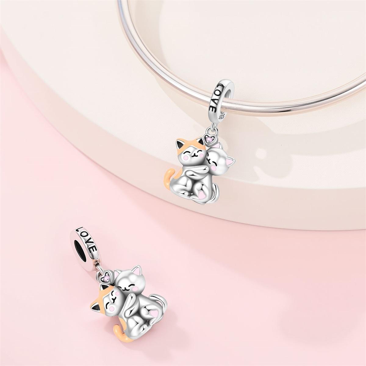 Charm 925 Silver Cat Hug Charm Pendant Pink Heart Beads Fit Bracelet Jewelry Making Party Gift Diy Accessory
