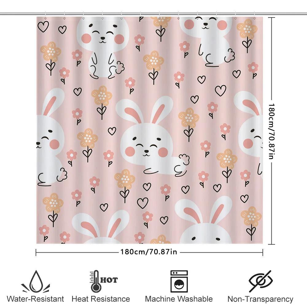 Adorable Pink Rabbit Flower Print Shower Curtain Set For Bathroom Decor 180Cm Waterproof Fabric Shower Panel Curtains Home Decor