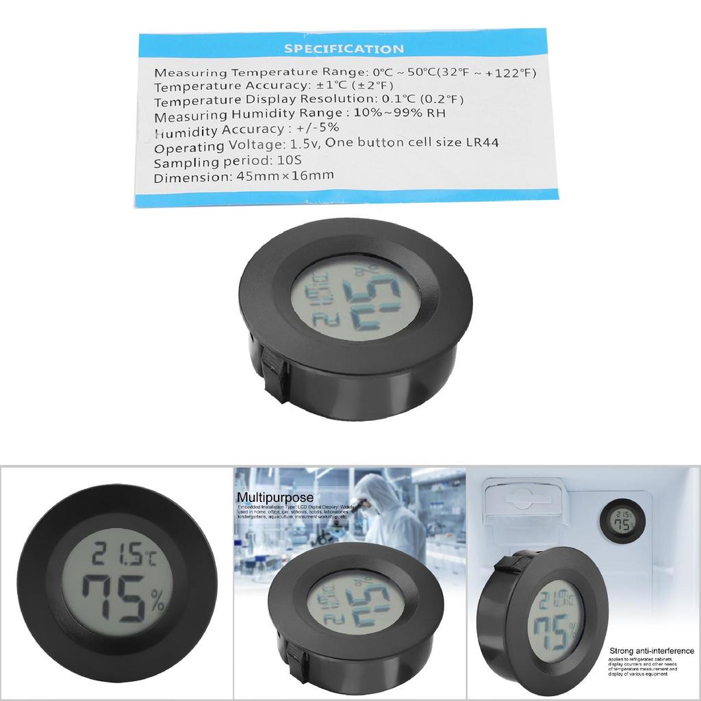 Mini Digital Lcd Thermometer Round Shape Temperature for Indoor Reptile Pet(Black)
