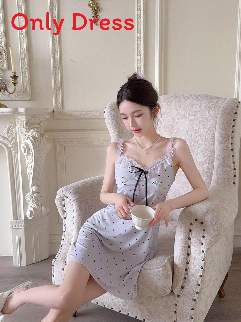Ice Silk Sleep Dress For Women With Vneck Sleeveless Cute Heart Pattern Summer Nightwear
