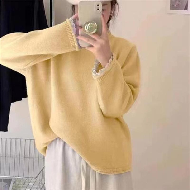 Women's Sweater Autumn/Winter New Lace Edge Long Sleeve Loose Base Knitted Sweater