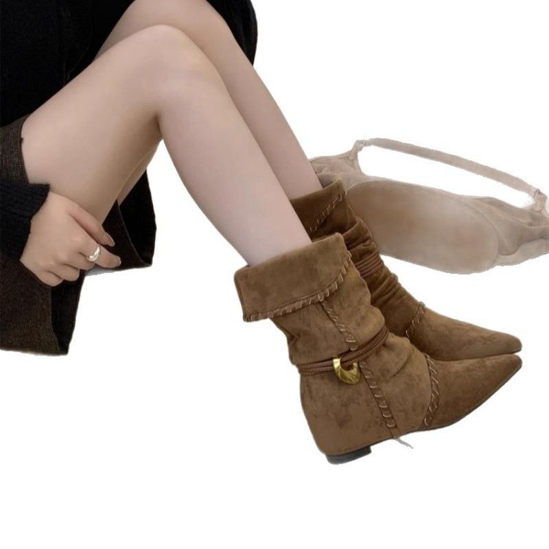 Inner Height Increasing Pointed Suede Skinny Medium Knight Boots Women's Boots Autumn Winter Western Cowboy Pile Boots