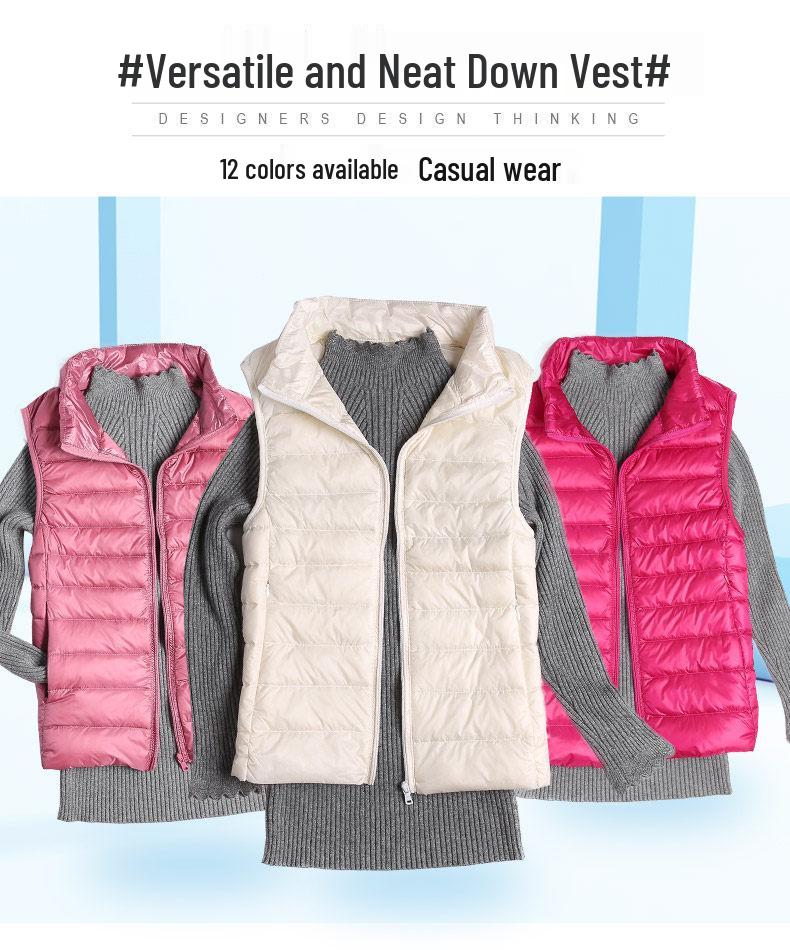 Women's Slim-Fit Lightweight Down Vest - Short Stand-Up Collar, Plus Size, Autumn/Winter 2025