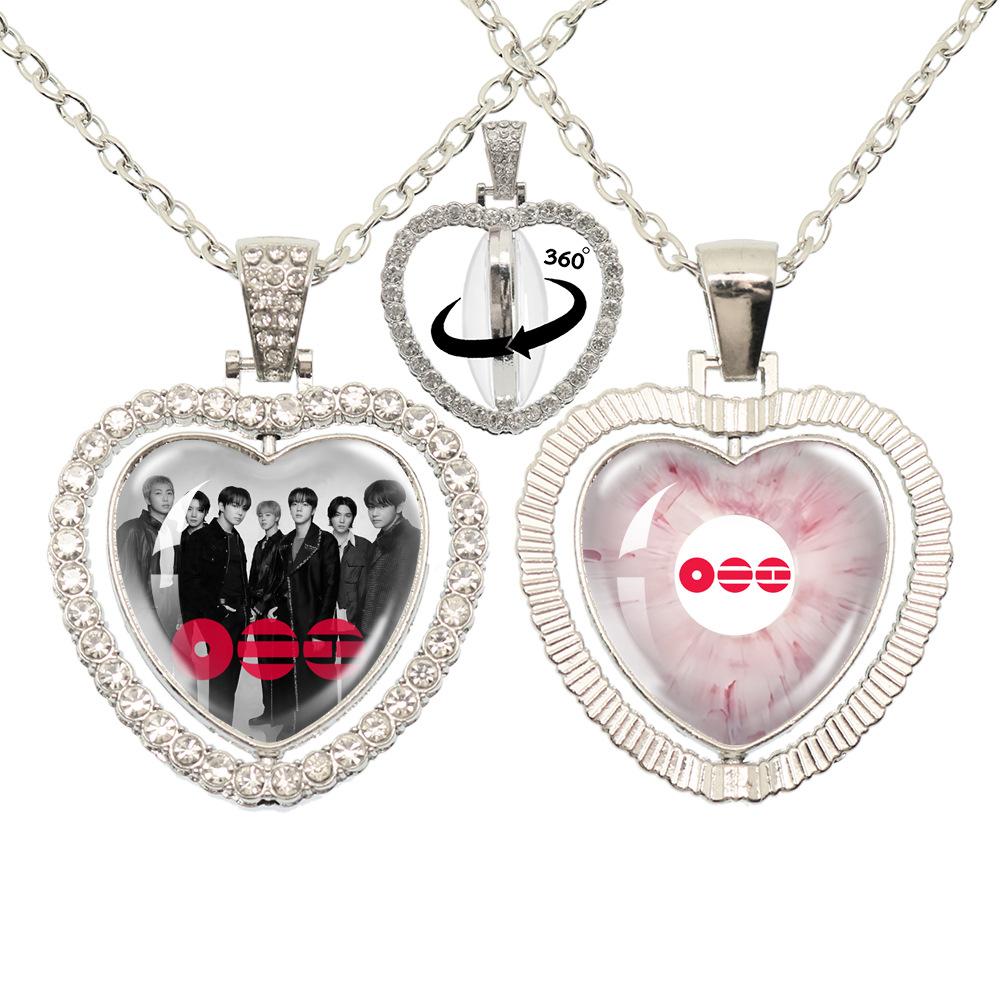 BTS Doppelseitige 360° drehbare Herz Halskette, Bangtan Boys Gruppe & Mitgliedsfoto Anhänger, Kpop ARMY Fans Schmuck Geschenk