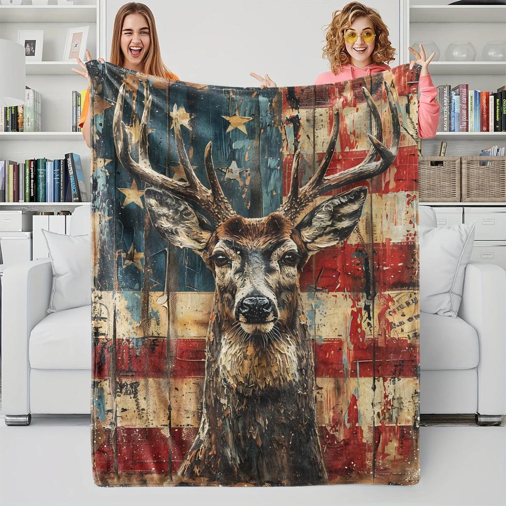 Flag Deer Printed Blanket,Soft Cozy Flannel Bed Blanket/Couch Blanket/Decorative Blanket/Camping Blanket,Perfect Holiday Gifts