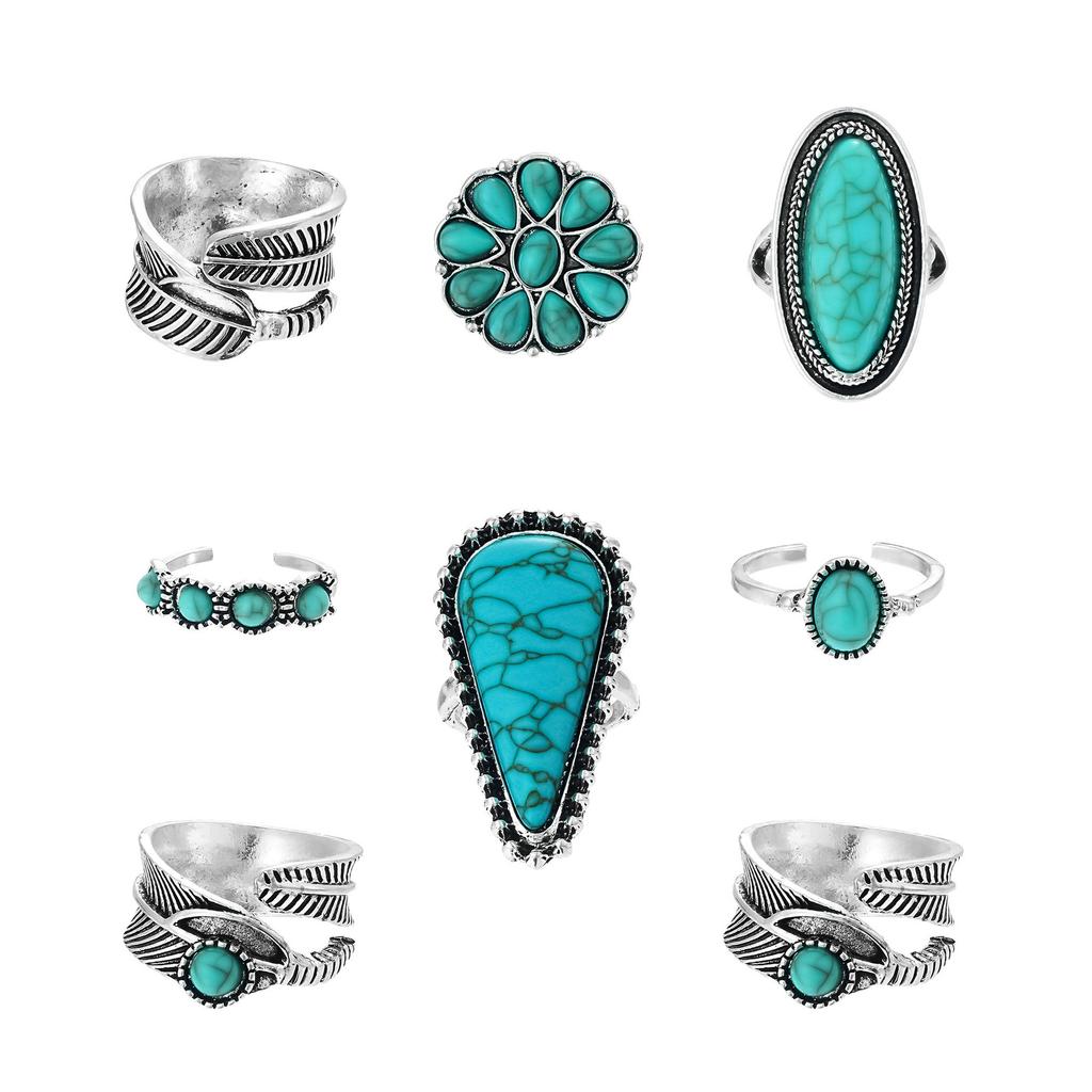 New Combination Bracelet Retro Bohemian Style Feather Open 8-piece Set Ring