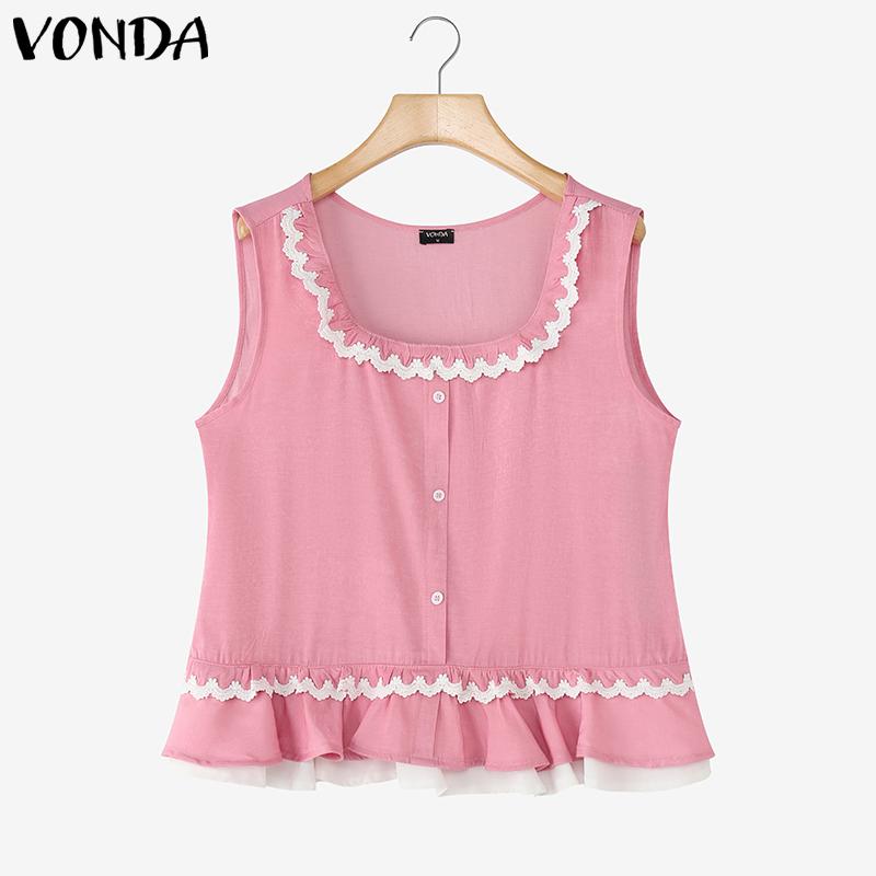 

ZANZEA Женские топы без рукавов с кружевной вязкой крючком по подолу, пэчворк, с оборками, повседневные майки 5XL розовый