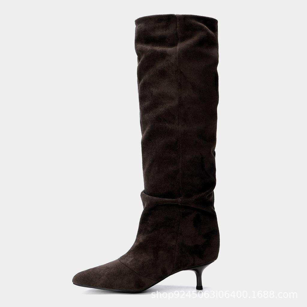 Winter new product retro pointed heel long tube stacking boots women's autumn and winter suede knight boots high boots
