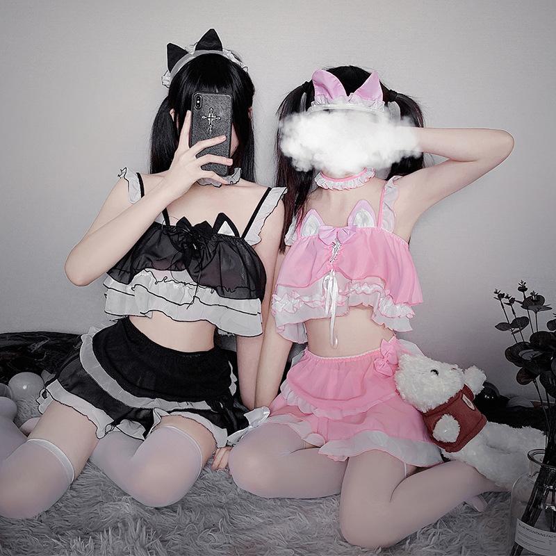 Sexy Dessous Anime Lolita Mädchen Dienstmädchen Katze Uniform Niedlich Rosa Katzenohren Chiffon Kleidung Dienstmädchen Outfit Cosplay Kostüm