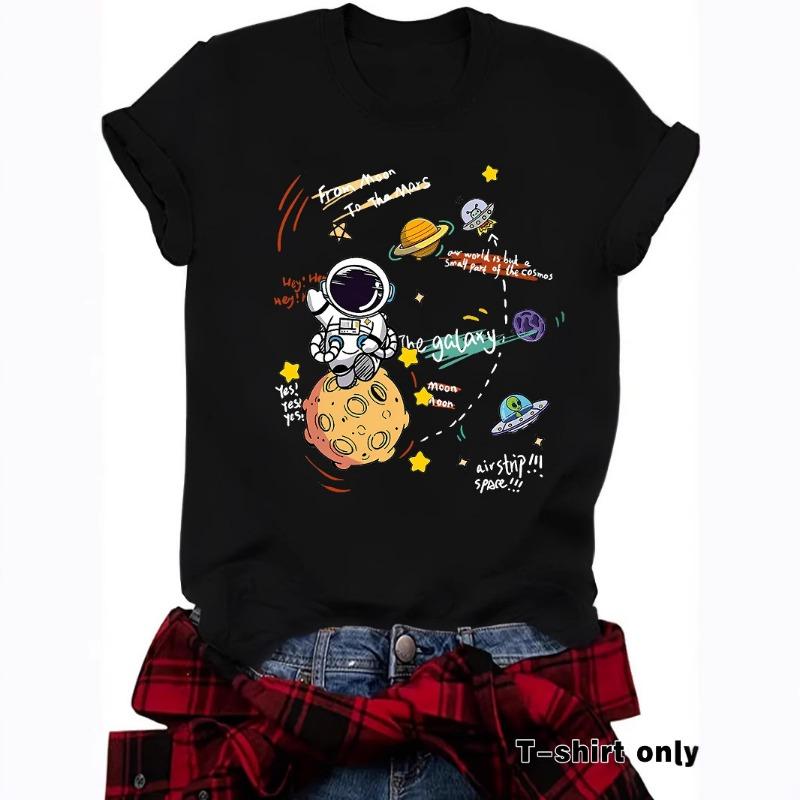 Damen T-Shirt mit Astronauten-Print Kurzarm Lockeres Mode-T-Shirt