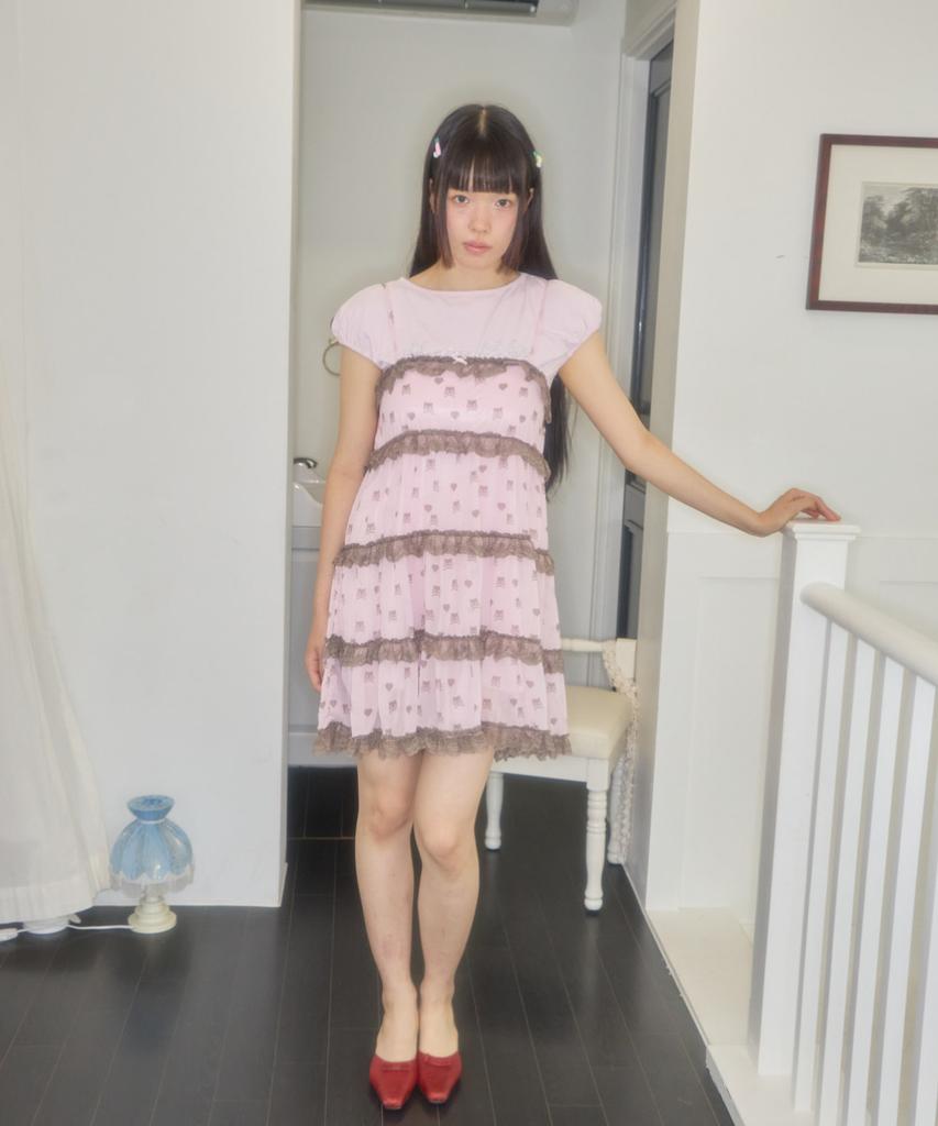 Syakili Skull Tiered Mini Chiffon Dress (Pink)