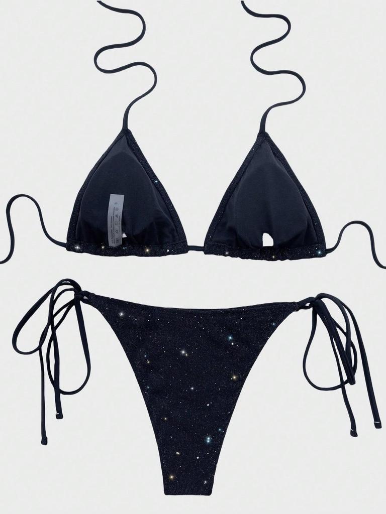 Costume da bagno da donna Tinta unita Triangolo Borsa Cravatta Paillettes Costume da bagno bikini sexy Costumi da bagno da spiaggia
