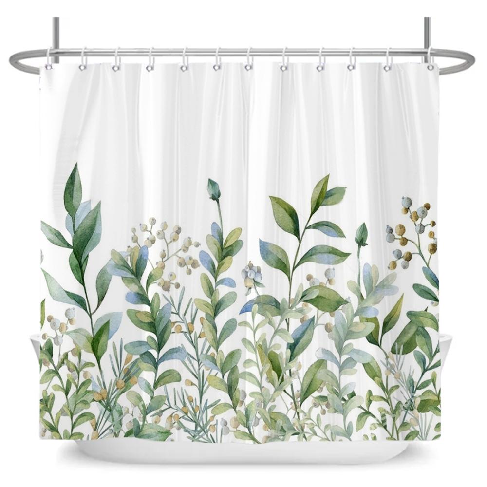 Green Leaf Plant Simple Nordic Printing Bathroom Shower Curtain Polyester Waterproof Home Decoration Curtain with 12 Hooks