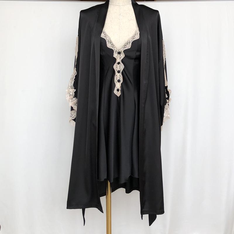 Elegant Ice Silk Pajama Set for Women: Camisole Nightgown & Outer Robe L чёрный