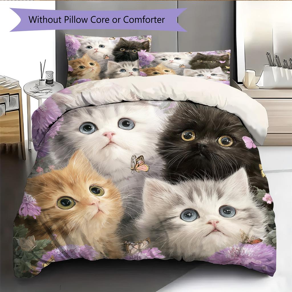 Purple Tabby Cat Pattern Bedding Quilt Set Quilt Cover Pillowcase Home Decoration Gift (1 * duvet cover + 2 * pillowcase, without core)