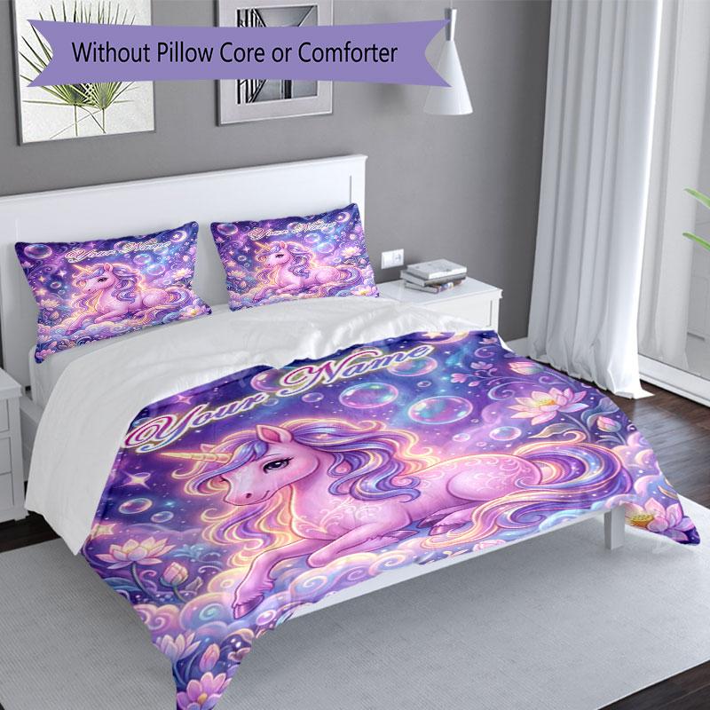 3PC Custom Name Unicorn Dreams Fantasy Art Bedding Set Duvet Cover Closure Includes 1 Duvet Cover & 2 Pillowcases for Bedroom