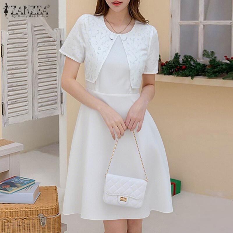 ZANZEA Womens Summer Casual Fake Two Piece Patchwork Short Sleeve Dress