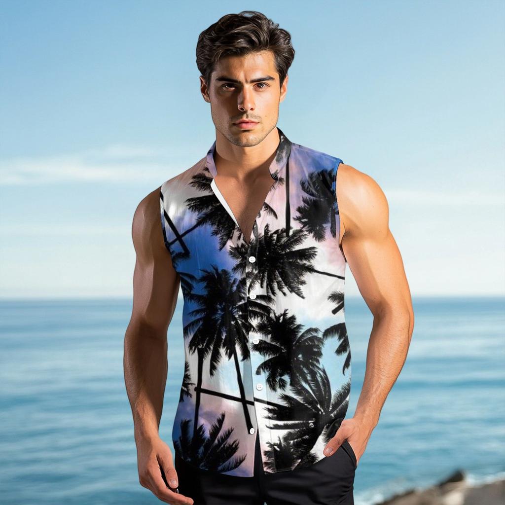 Men's Fashion Printed Sleeveless Lapel Button-Down Shirt Vest Top