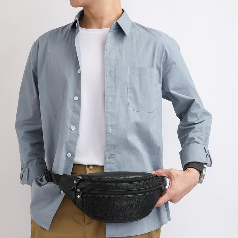 Sacs Bananes Minimalistes en Cuir Véritable Uni pour Hommes et Femmes Sacoche Bandoulière Poitrine Texture Granulée Vintage Sac Drôle