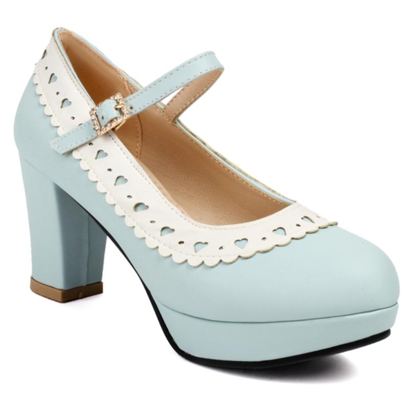 Fashion Elegant High Heels Pumps Lolitas Mary Janes Shoes Blue Pink Black Women's Heeled Party Office Wedding Shoes Large Size 45
