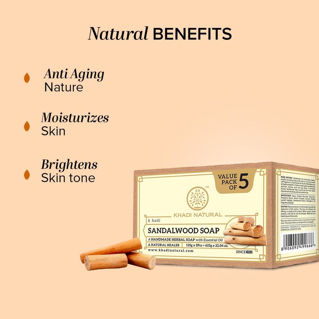 KHADI NATURAL Sandalwood Soap Pack of 1 | Handmade Herbal Bathing Soap for Hydrated Soft Skin, All Skin Types, 125gX 5pcs