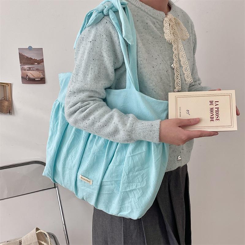 Pleated Retro Dot Women's Canvas Shoulder Bags Large Capacity Female Underarm Bag Solid Color Girls Travel Tote Purse Handbags