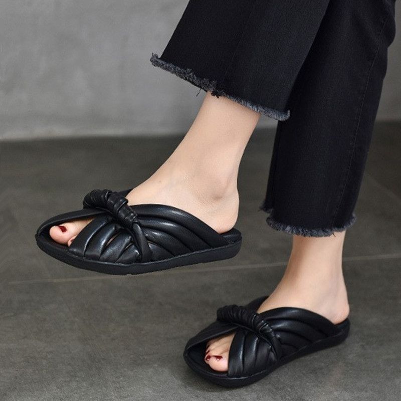 2025 Summer New Flat-bottomed Soft-bottomed Cool Slippers Women's Summer Wear One-word Slippers Fish Mouth Leather Square Head Slippers