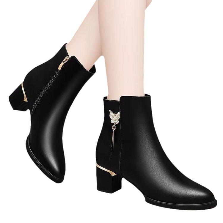 Leather Short Boots Women's New Martin Boots Autumn and Winter Boots Women's Thick Heel Versatile Velvet Cotton Shoes High Heels