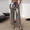 Women's Silver Shiny High-waist Wide-leg Pants with Bow Detail Party Casual Trousers