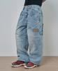Lujeoseukeulleob Layered Leather Patch Curved Wide Denim Pants Light Blue