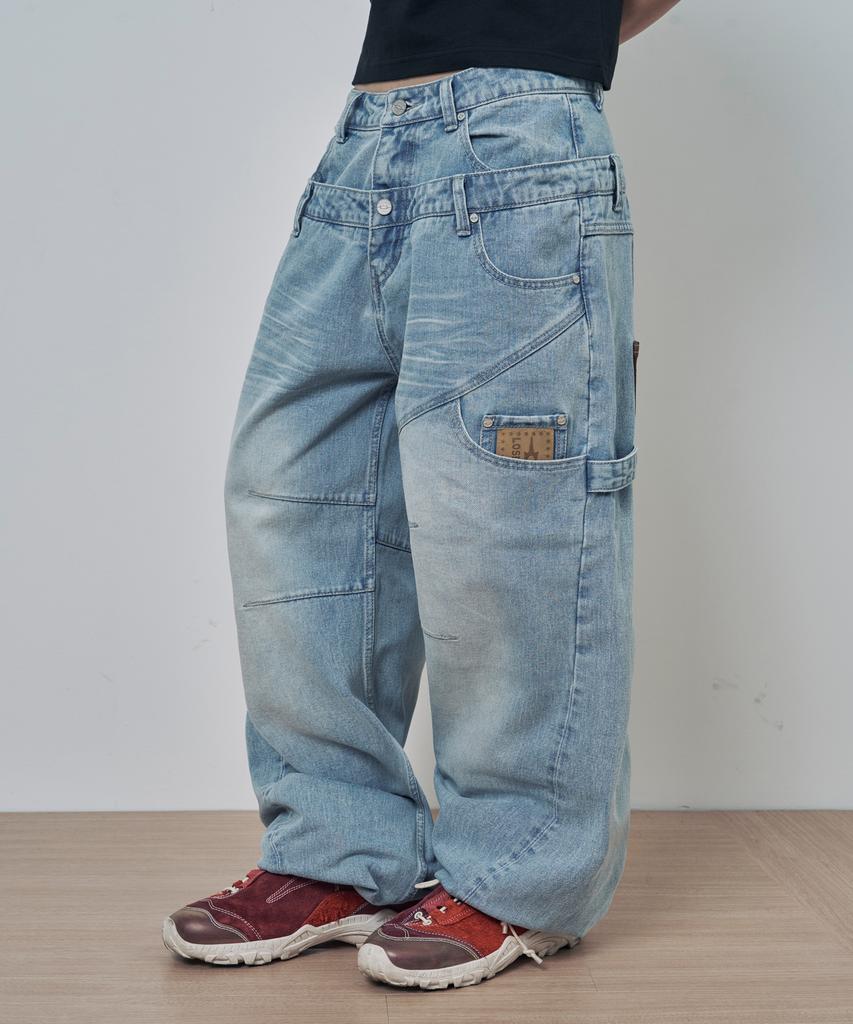 Lujeoseukeulleob Layered Leather Patch Curved Wide Denim Pants Light Blue
