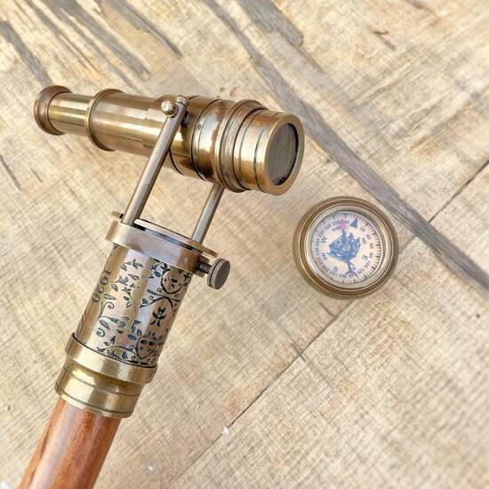 Brass Telescope Compass London Hidden On Top Wooden Walking Stick Canes
