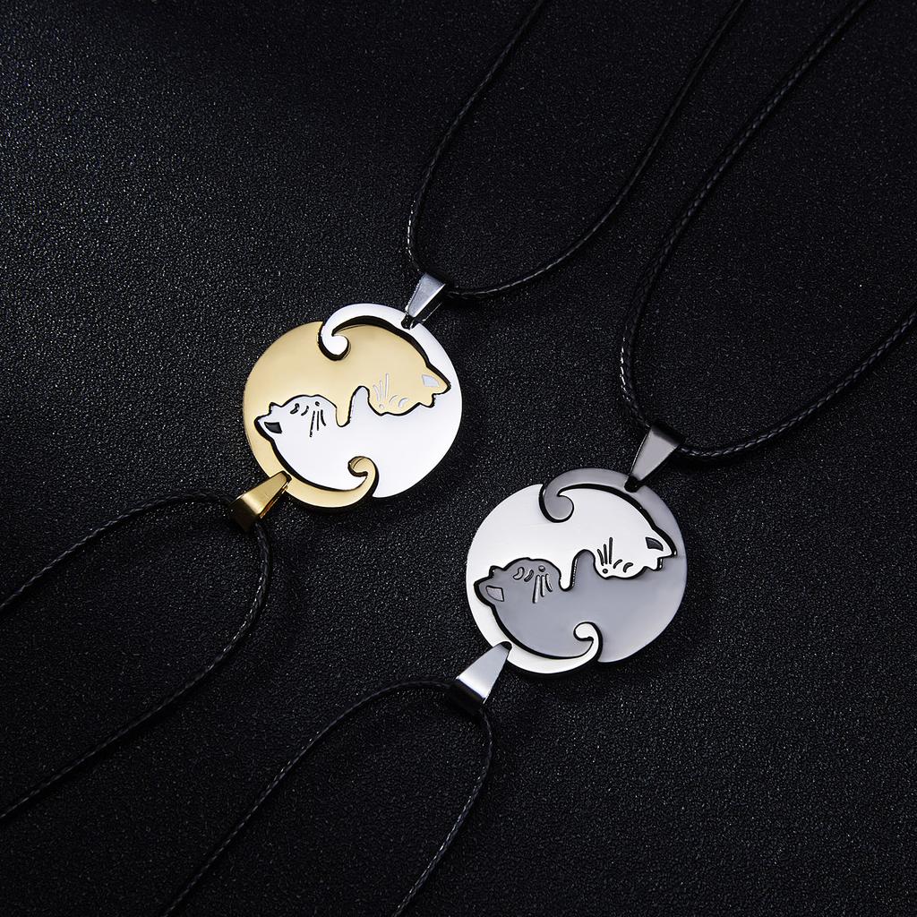 2 Pcs/Set Couple Necklace Stainless Steel Cute Cartoon Cat Animal Choker For Women Men Lovers Valentine's Day Jewelry Gifts