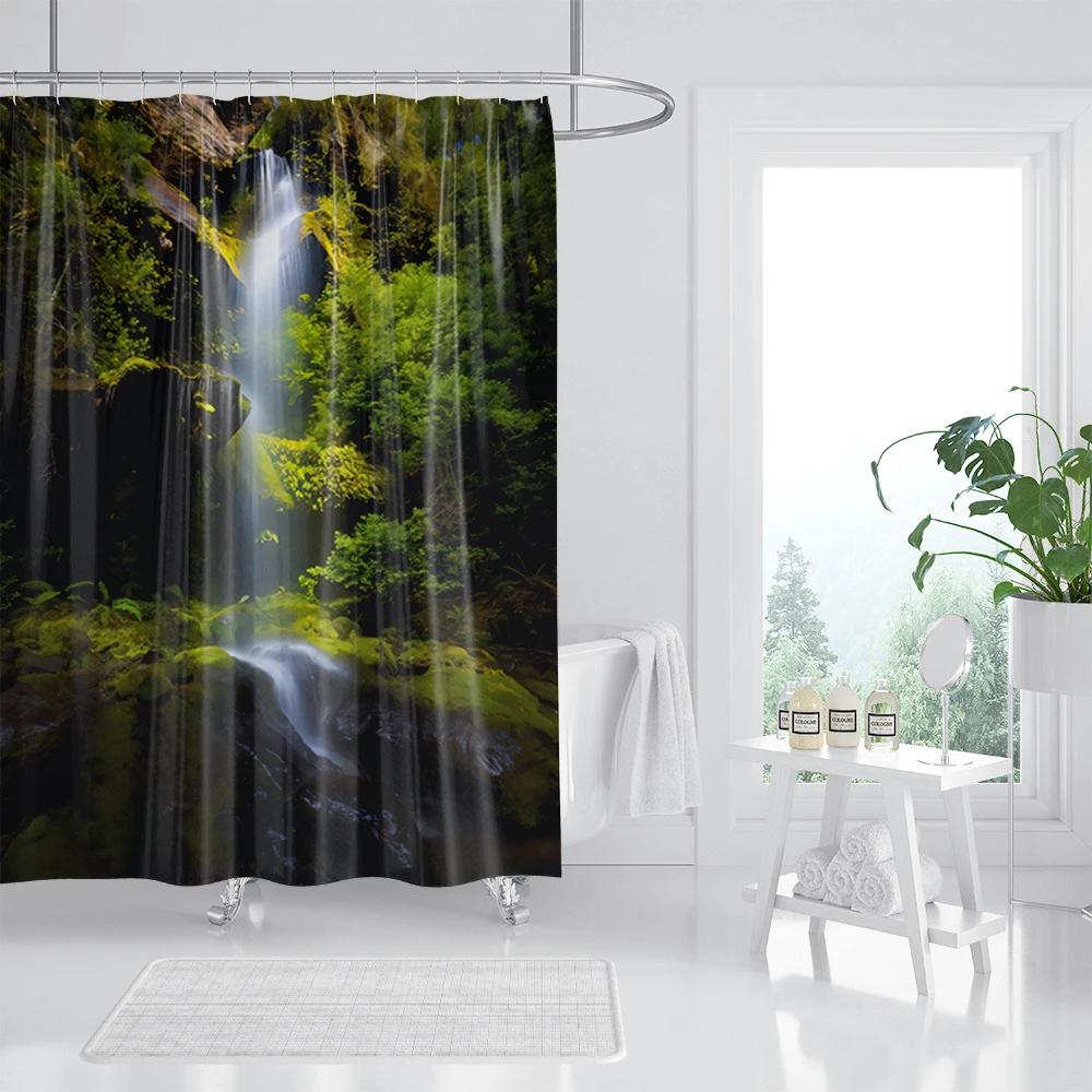 Forest Waterfall Shower Curtain Tropical Rainforest Palm Jungle Tree Green Leaves Plants Scenery Bathroom Decor Set With Hooks