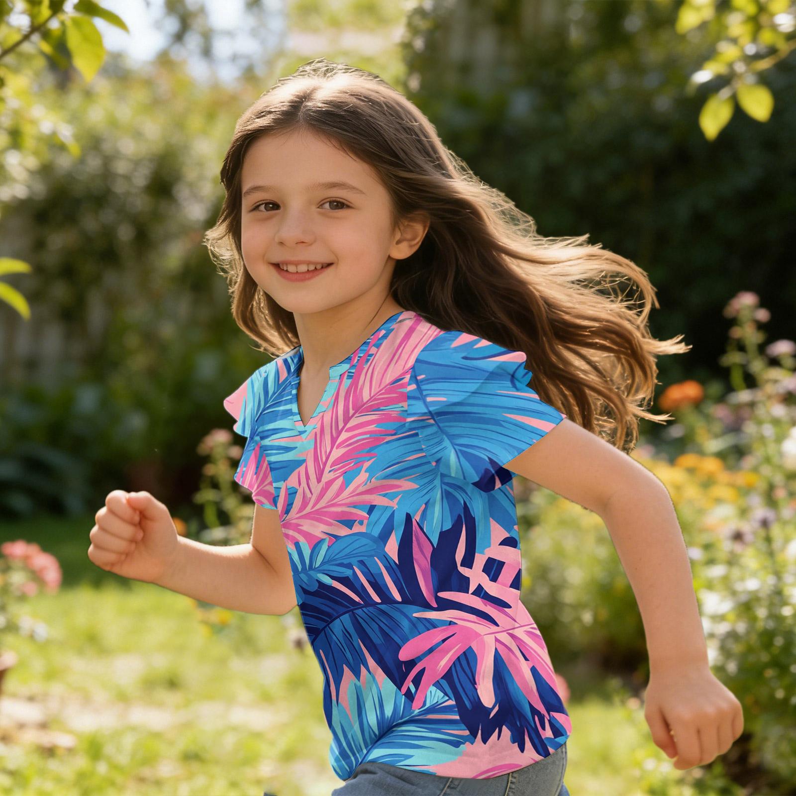 Girls V Neck Ruffle Sleeve Hawaiian Print Short Sleeve T Shirt Casual Blouse Lightweight Summer Top for Kids 110