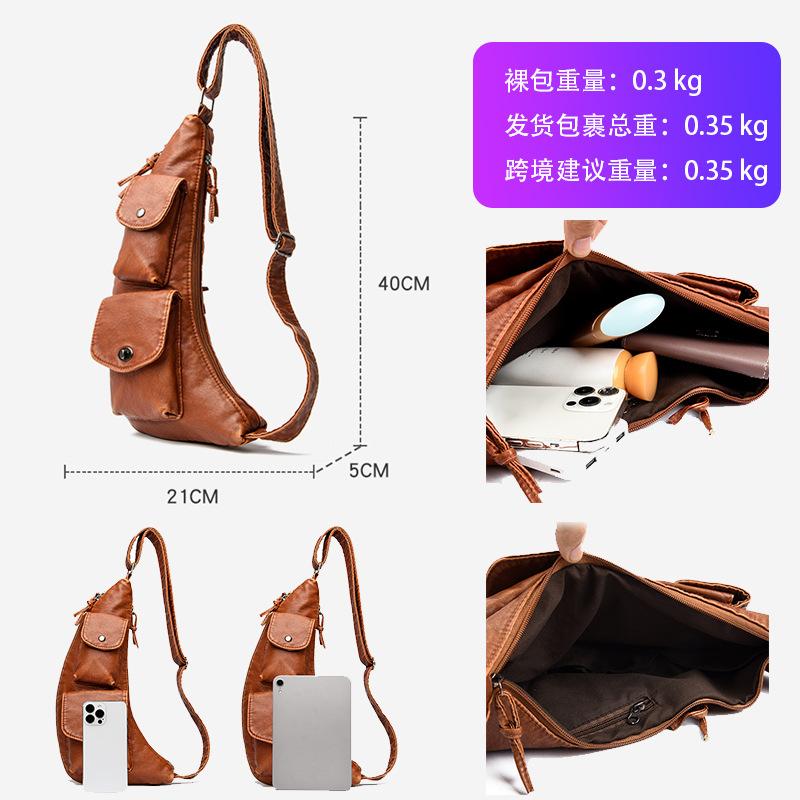 Women's Breast Bag Washed Leather Fanny Pack Soft Leather Retro Casual Messenger Bag Personalized Simple Shoulder Bag