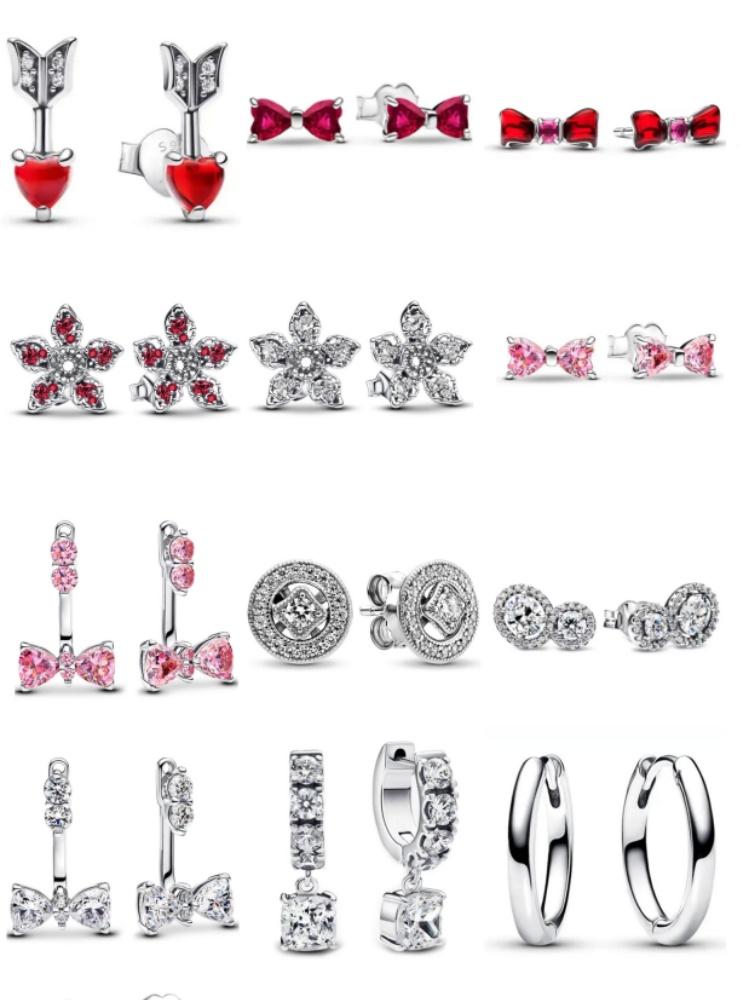 New 925 Silver Red Pink Bow, Golden Snowflakes, Earrings Suitable For Women's Holiday Exquisite Charm Jewelry Gifts